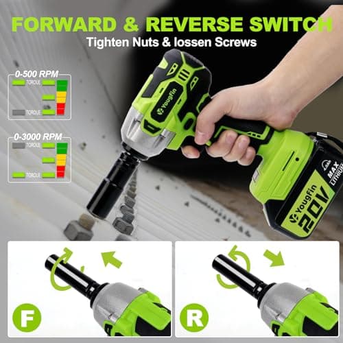 Yougfin Cordless Impact Wrench 1/2 inch for Lug Nuts, 20V Brushless Power Impact Gun Kit 400N.M, 4.0 Ah Battery Powered Impact Driver Heavy Duty, Electric Impact Wrench for Car Home