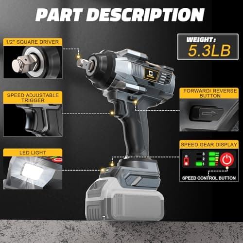 Cordless Impact Wrench 1/2 inch Compatible with Dewalt Battery, 1000FT-LBS (1360N.m) Brushless Electric Impact Gun Includes LED Work Light, 2100RPM High Torque Impact Driver, Bare Tool Only
