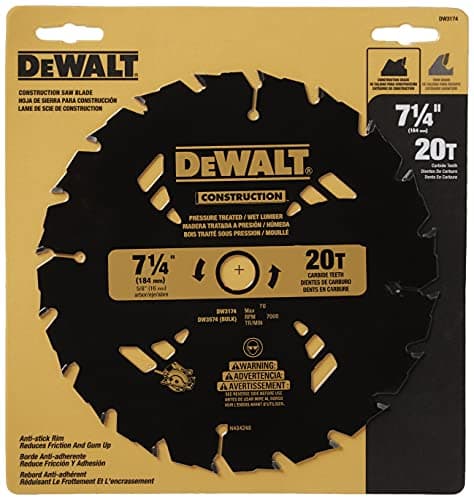 DEWALT 7-1/4" Circular Saw Blade for Pressure Treated and Wet Lumber, ATB, Thin Kerf, 5/8" and Arbor, 20-Tooth (DW3174) , Black
