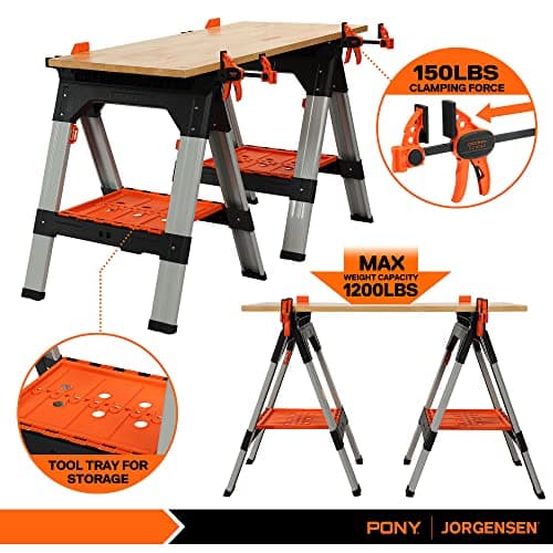 PONY 2-Pack Clamping Sawhorses, 1200 LBS Load Capacity, 30-3/4" Folding Sawhorse with 12” F Clamps, Bench Dogs, Angle Clamps, 2" Spring Clamps, Steel Legs, Heavy Duty for Woodworking