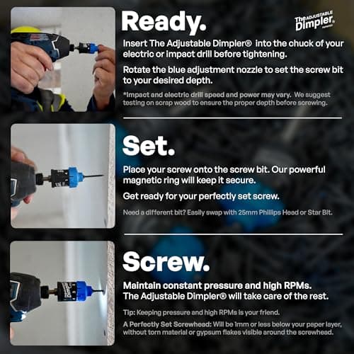 Adjustable DIMPLER ® - Drywall Bit & Screw Gun Attachment, Converts Drill into Drywall Screw Gun or Deck Screwdriver, Magnetic Bit Holder for Fast, Accurate Installation