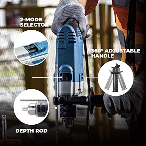 DongCheng Hammer Drill 6A,1/2 Inch Keyed Chuck, 0-3000 RPM/45000 BPM Impact Drill with 15PCS Drilling Bits for Brick Wall, Metal & Wood, DZJ05-13