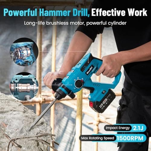 Seesii 21V Cordless Rotary Hammer Drill, 2x4.0Ah Battery Power Hammer with SDS-Plus Change Adapter Including 3 Drill Bits, Flat/Point Chisels Lightweight Electric Hammer Drill for DIY Projects