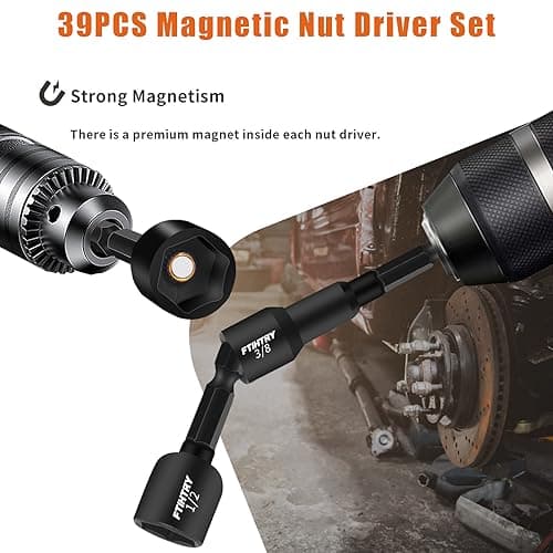 39Pcs Magnetic Nut Driver Set for Impact Drill, Metric & SAE Magnetic Impact Drill Driver Bit, 1/4" Hex Shank, Fully Magnetic Hex Nut Driver Drill Bit Master Kit, Black