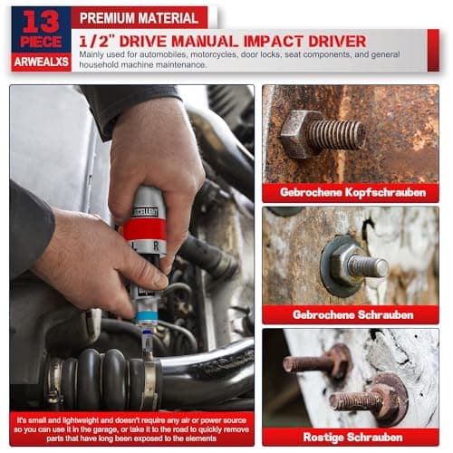 13 Piece 1/2" Drive Manual Impact Driver, Reversible Hand Impact Screwdriver Set with Slotted, Hex, Phillips Bit Kit, for Tighten and Rusted Fasteners or Frozen Bolts, with Storage Case