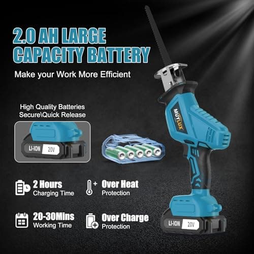 Cordless Reciprocating Saw 20V with 2 Batteries & Charger, Variable Speed 0-3000SPM, Tool-Free Blade Change, Includes 4 Saw Blades for Wood, Metal, PVC and Tree Cutting