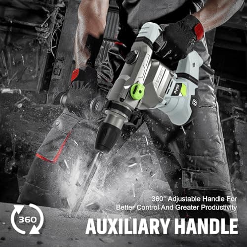 PTS 1-9/16 Inch SDS-Max Rotary Hammer, 13.5 Amp Heavy Duty 3 Functions Corded Concrete Demolition Hammer, w/Vibration Control & Safety Clutch, Includes Drill Bits, Chisels, Carrying Case (Green)