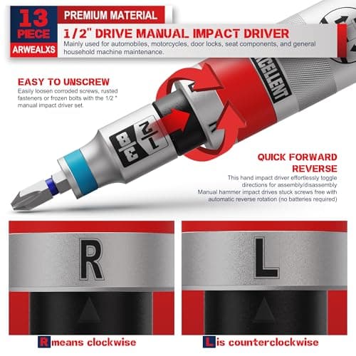 13 Piece 1/2" Drive Manual Impact Driver, Reversible Hand Impact Screwdriver Set with Slotted, Hex, Phillips Bit Kit, for Tighten and Rusted Fasteners or Frozen Bolts, with Storage Case