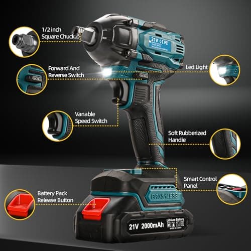 Cordless Impact Wrench, 21V Torque Power Impact Driver, 1/2" Power Impact Wrenches with 2 * 2.0Ah Batteries with 19 Accessories, Electric Impact Motor Variable Speeds for home installation (Blue)