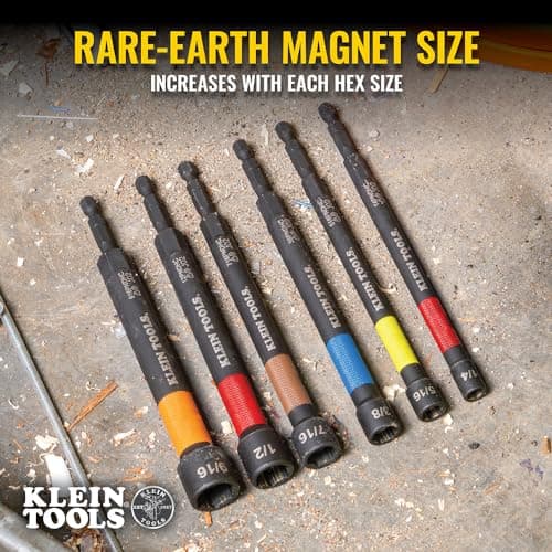 Klein Tools 32930 SAE Magnetic Impact Nut Setter Set, 6-Piece Color Coded Power Nut Driver with Extended Reach, 6 SAE Sizes