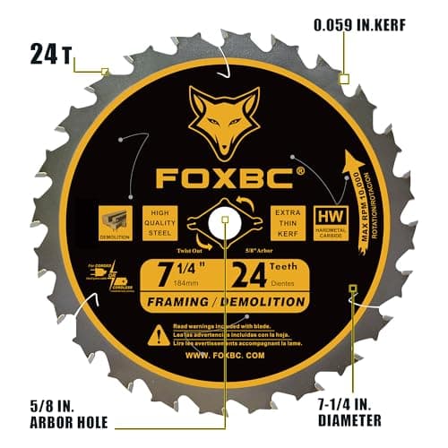 FOXBC 7-1/4 inch Circular Saw Blade 24T 60 Tooth ATB Wood Cutting with 5/8" Arbor, Diamond Knockout