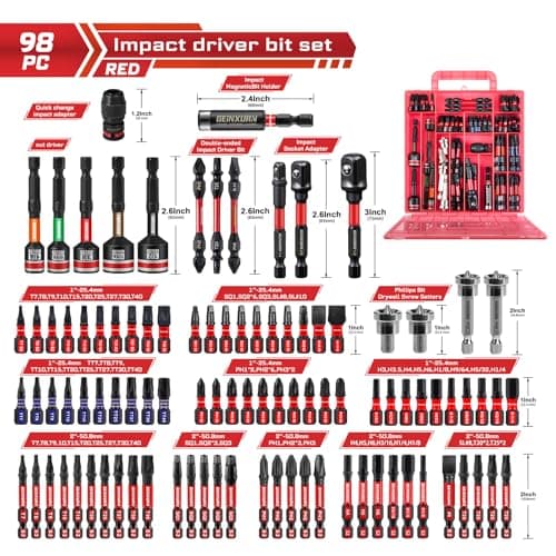 98Pieces 1”/2” Impact Screwdriver Bits Set, Magnetic S2 Steel (Phillips/Slotted/Square/Torx/Hex/Security Torx) Driver Bits Tips,Impact Bit Holder and Nut Driver with Red Storage Box Case