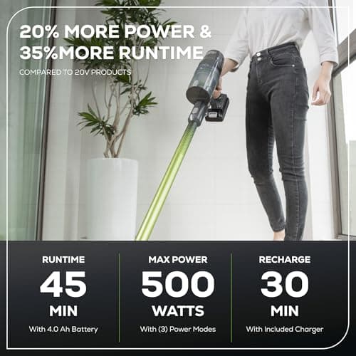 Greenworks 24V Brushless Cordless Stick Vacuum, Lightweight, Handheld, Pet, Anti-Allergen HEPA Filtration, Hard Floor, Carpet, Car, 4Ah Battery, and 30-Minute Charge Time (Green)