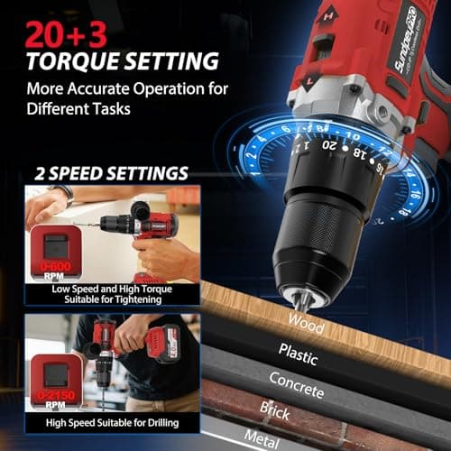 1060In·lbs Cordless Drill Driver - 20+3 Torque Brushless Hammer Drill with 2 x 4.0Ah Battery & Fast Charger - 21V Electric Power Drills Set with 2 Speeds & 1/2 Inch Self-locking Metal Chuck