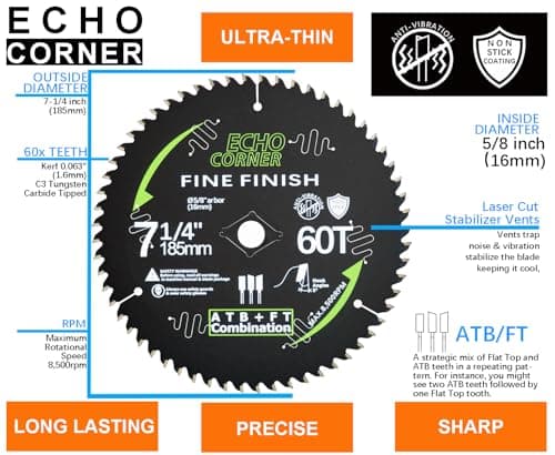 7-1/4 Inch Ultra Finish Circular Saw Blade for Wood, Carbide ATBFT 60T, 5/8" Arbor, Non-Stick Coating
