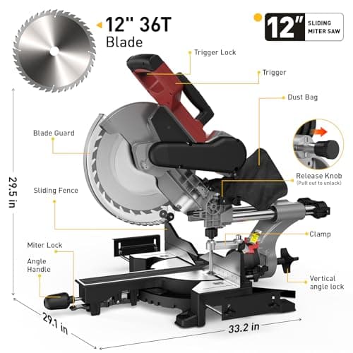 12-Inch Dual-Bevel Sliding Compound Miter Saw, 3800RPM, 15 Amp, Single Bevel 0-45° with Extension Table, 36T Blade, Power Saw for Metal, Plastic, Wood, Laminates