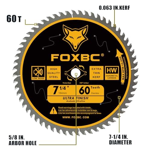 FOXBC 7-1/4 inch Circular Saw Blade 24T 60 Tooth ATB Wood Cutting with 5/8" Arbor, Diamond Knockout