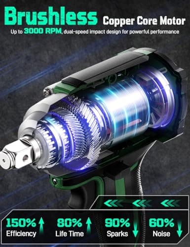 K I M O. Cordless Impact Wrench, Max Torque 406ft-lbs (550N.m) & 3000RPM, Premium Brake Stop, 1/2 lmpact Gun with 3000mAh Li-ion Battery, 7Drive lmpact Sockets, Fast Charger Impact Drill for Car Tires