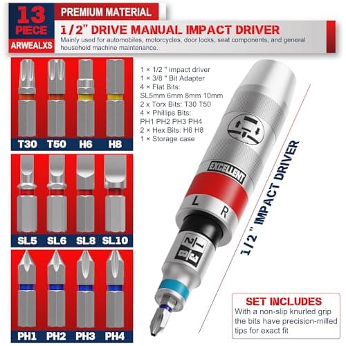 13 Piece 1/2" Drive Manual Impact Driver, Reversible Hand Impact Screwdriver Set with Slotted, Hex, Phillips Bit Kit, for Tighten and Rusted Fasteners or Frozen Bolts, with Storage Case