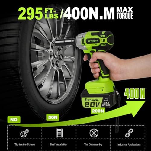 Yougfin Cordless Impact Wrench 1/2 inch for Lug Nuts, 20V Brushless Power Impact Gun Kit 400N.M, 4.0 Ah Battery Powered Impact Driver Heavy Duty, Electric Impact Wrench for Car Home