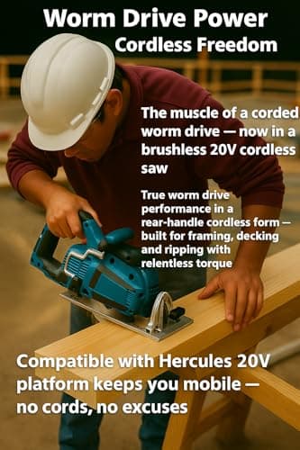 20V Brushless Cordless 7‑1/4″ Rear‑Handle Worm‑Drive Circular Saw – 2‑1/2″ Cut Depth at 90° – 725 Cuts per Charge with 12Ah Battery (sold separately) – Compatible with HERCULES 20V System