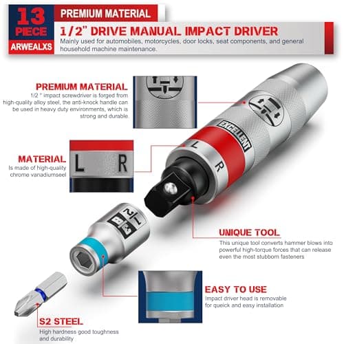 13 Piece 1/2" Drive Manual Impact Driver, Reversible Hand Impact Screwdriver Set with Slotted, Hex, Phillips Bit Kit, for Tighten and Rusted Fasteners or Frozen Bolts, with Storage Case