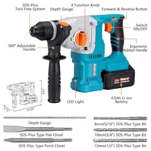 Berserker 20V Cordless 1-1/8" Rotary Hammer Drill SDS-Plus Brushless Motor with Safety Clutch, 4.0Ah Lithium-Ion Battery Powered, 3.0A Fast Charger, 4 Modes Variable Speed Rotomartillo for Concrete