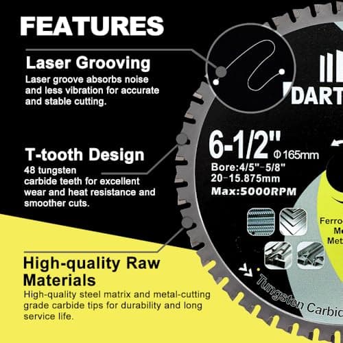 6-1/2"/165mm Metal Cutting Disc, DARTOTEK Circular Saw Blade 48T,Tungsten Carbide Tipped TCT Cut Off Wheel for Steel, Ferrous Steel Pipe with 4/5"-5/8" Arbor