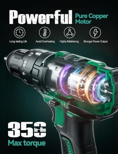 KIMO Hammer Drill - 20V 2X Battery Hammer Drill Cordless Drill Set, 350 In-lb Torque, 3/8" Keyless Chuck, 1350 RPM, 21+3 Position,14pcs Drill/Driver Bits, Power Drill Drivers for Concrete Brick Wall