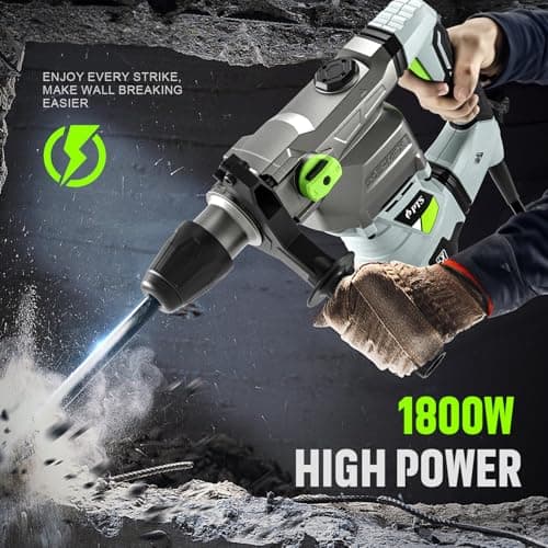 PTS 1-9/16 Inch SDS-Max Rotary Hammer, 13.5 Amp Heavy Duty 3 Functions Corded Concrete Demolition Hammer, w/Vibration Control & Safety Clutch, Includes Drill Bits, Chisels, Carrying Case (Green)