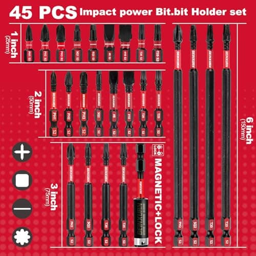 Impact Tough Magnetic Mixed 45Pack Insert Driver Bits, S2 Alloy Steel Screwdriver Power Bits Set with 1Pcs Impact Magnetic Bit Holder