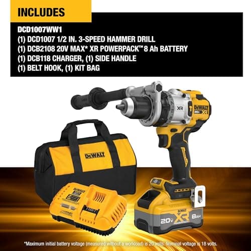 DEWALT 20V MAX XR 1/2 Inch Cordless Hammer Drill Kit with 8AH Battery and Charger (DCD1007WW1)
