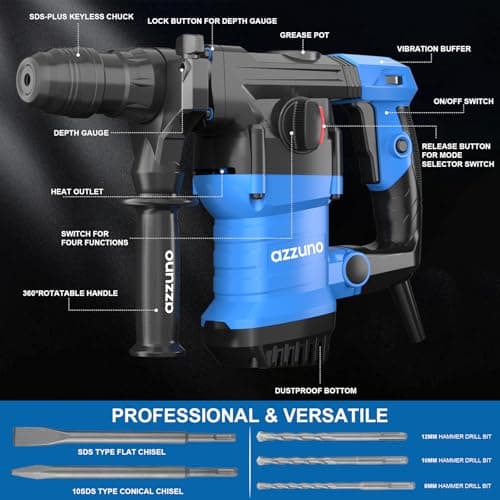 AZZUNO 1-1/4" SDS-Plus 15Amp Heavy Duty Rotary Hammer Drill, 4 Functions, for Drilling in Concrete, Brick and Stone, Includes Chisel and Drill Bits