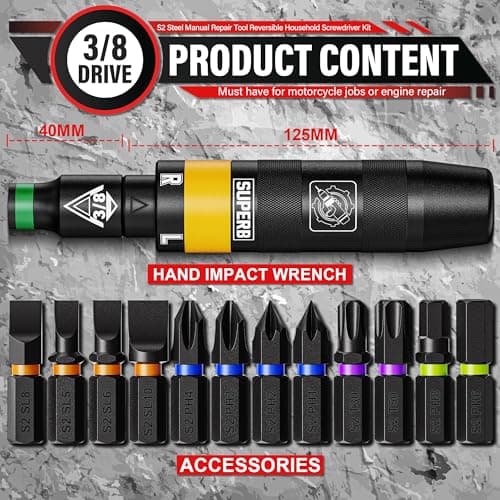 3/8" Hand Reversible Impact Driver Set, Manual Impact Screwdriver Kit, for Removing Damaged, Rusted Screw Bolt & Fasteners, 13PCS