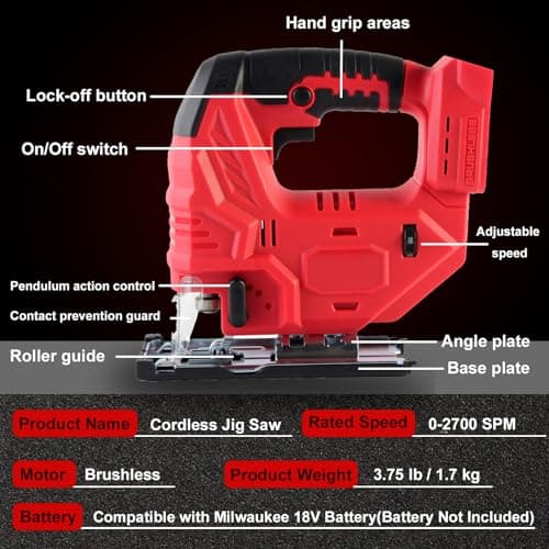 Cordless Jig Saw Compatible with Milwaukee 18V Battery, Brushless Jig Saw with 6pcs Blades, 4 Orbital Sets for Wood, Plastic and Metal Cutting (Tool Only, No Battery)