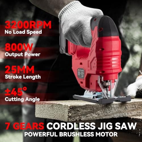Cordless Jig Saw for Milwaukee M18 Battery, 7 Speed Variable Up to 3200RPM, LED Light, 45° Bevel Cuts, 3 Orbital Motions, with Jig Saw Blade for Straight/Curve/Circle Cutting(Battery Not Include)
