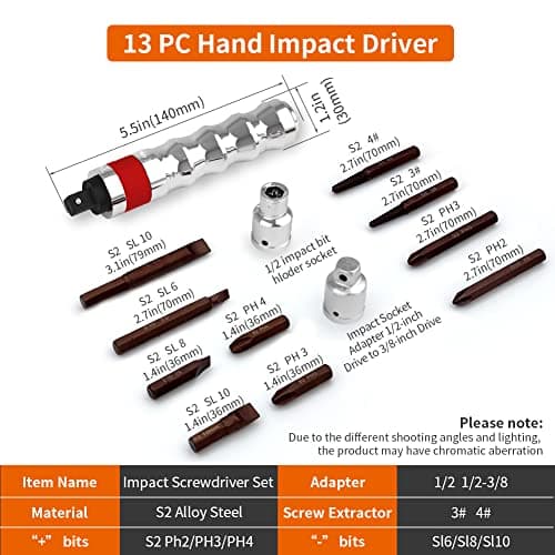 Hand Manual Reversible 1/2-inch 3/8-inch Impact Driver Set Extractor-13PCS Impact Screwdriver S2 Steel Disengage Rusted Fasteners or Frozen Bolts