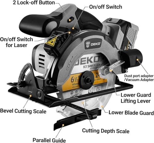 DEKOPRO 20V Cordless Circular Saw, 6-1/2-Inch Blade, 4500 RPM Circular Saw Cordless with 2 Battery and Charger( 4.0Ah )