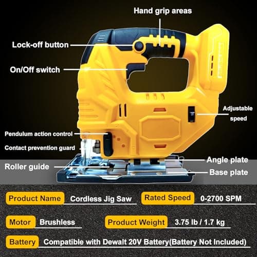 Cordless Jig Saw Compatible with Dewalt 20V Battery, Brushless Jig Saw with 6pcs Blades, 4 Orbital Sets for Wood, Plastic and Metal Cutting (Tool Only, No Battery)