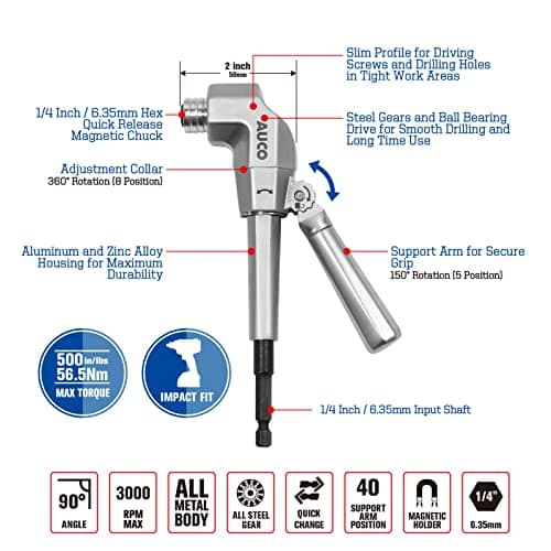 AUCO Durable Right Angle Drill Attachment, Adjustable Drill Adapter, Impact Fit, Max Torque 500 in-lbs (56.5 Nm), All Metal Body & Steel Gear, For Use with Cordless Drill and Impact Driver