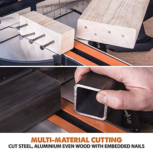 Evolution Power Tools R255SMS+ PLUS 10-Inch Sliding Miter Saw Plus Multi-Material Multi-Purpose Cutting Cuts Metal, Plastic, Wood & More 0˚ - 45˚ Bevel & 50˚ - 50˚ Miter Angles TCT Blade Included