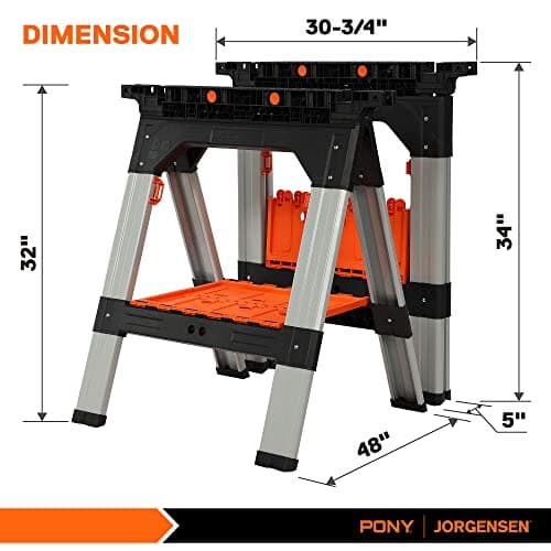 PONY 2-Pack Clamping Sawhorses, 1200 LBS Load Capacity, 30-3/4" Folding Sawhorse with 12” F Clamps, Bench Dogs, Angle Clamps, 2" Spring Clamps, Steel Legs, Heavy Duty for Woodworking