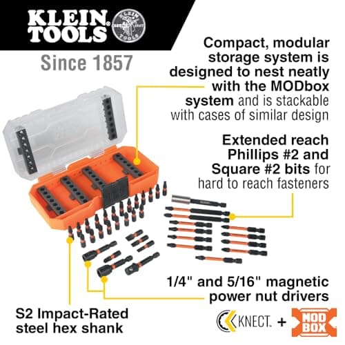 Klein Tools 33801 Impact Driver Bit Set with Magnetic Nut Drivers, ProFlex S2 Steel Phillips, Slotted, Square, TORX Bits with Case, MODBox Compatible, 40-Piece