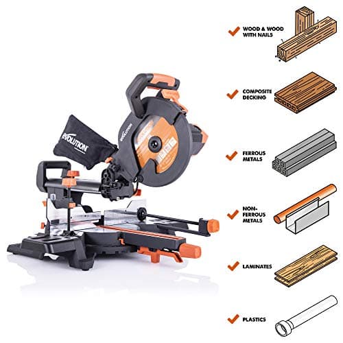 Evolution Power Tools R255SMS+ PLUS 10-Inch Sliding Miter Saw Plus Multi-Material Multi-Purpose Cutting Cuts Metal, Plastic, Wood & More 0˚ - 45˚ Bevel & 50˚ - 50˚ Miter Angles TCT Blade Included