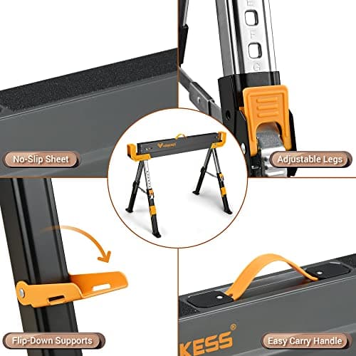 Saw Horses 2 Pack Folding, 2600 Lbs Load Capacity & 24-32 Inch Adjustable Height Heavy Duty Sawhorse Table with 2x4 Support Arms, Portable Folding Legs and Easy Grip Handle for Woodworking