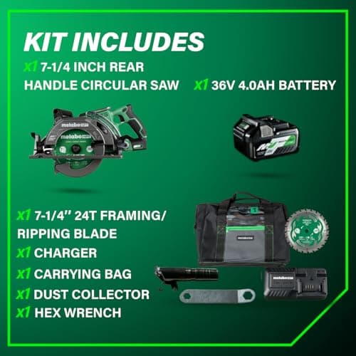 Metabo HPT 36V MultiVolt 7-1/4 Inch Rear Handle Circular Saw, Cordless Circular Saw with 36V Battery, Lightweight Design, 53° Bevel Capacity, Brushless Motor, Electric Brake, C3607DWA