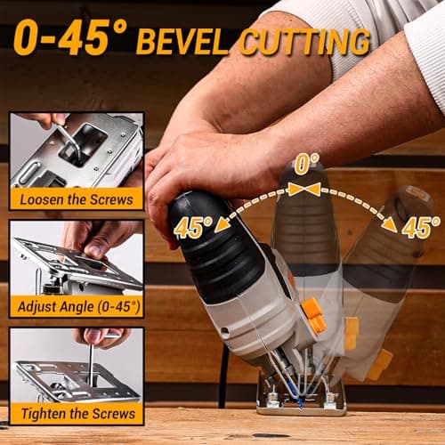 Jig Saw Corded: DEKOPRO Electric Jigsaw Tool Power Jig Saws for Woodworking, Wood Cutter Hand Tool with 6 Variable Speed, 4 Orbital Settings, ±45° Bevel Cutting, Tool-less Blade Quick Release