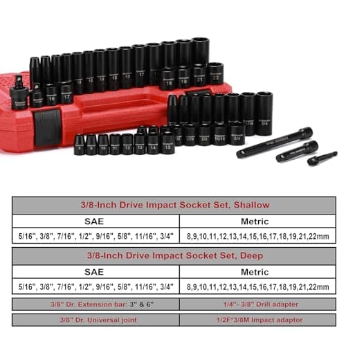 CASOMAN 3/8" Drive Impact Socket Set, 49 Piece Standard SAE and Metric Sizes (5/16-Inch to 3/4-Inch and 8-22 mm), 6 Point, Cr-V Steel Socket Set