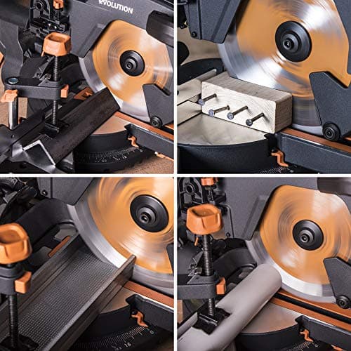 Evolution Power Tools R255SMS+ PLUS 10-Inch Sliding Miter Saw Plus Multi-Material Multi-Purpose Cutting Cuts Metal, Plastic, Wood & More 0˚ - 45˚ Bevel & 50˚ - 50˚ Miter Angles TCT Blade Included