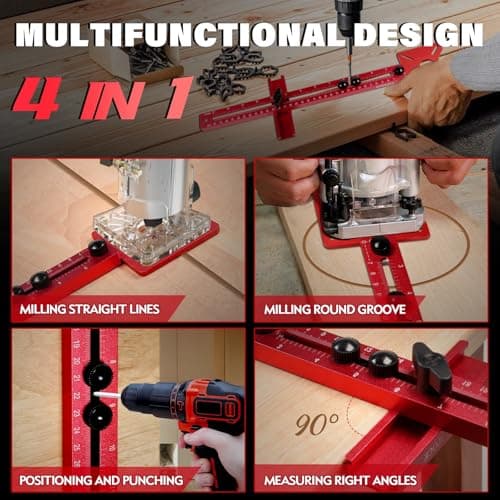 New 4 in 1 Router Milling Groove Bracket, Aluminum Alloy Router Circle Cutting Jig, Multifunctional Router Guide for Cutting Circles, Adjustable Router Jig Tool for Woodworking (Rose Red)